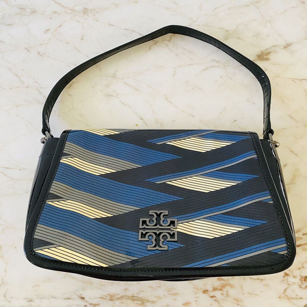 TORY BURCH Blue Black Stripe Patent Leather Shoulder Bag